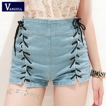 

Vangull 2019 Summer Bandage Shorts Women Denim Metal Hole Short Jeans High Waist Shorts Back Zipper Lace Up Female Hot short New