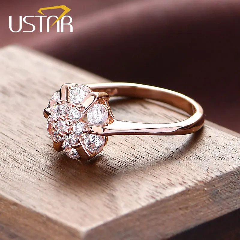 USTAR Flower Zircon wedding Rings for women jewelry Austria Crystals Rose Gold color engagement Rings Female Anel bijoux gift