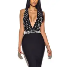 Высшее качество, женское летнее платье, сексуальное, глубокий v-образный вырез, бисер, кристалл, черный, вискоза, Бандажное платье,, женское дизайнерское платье+ костюм