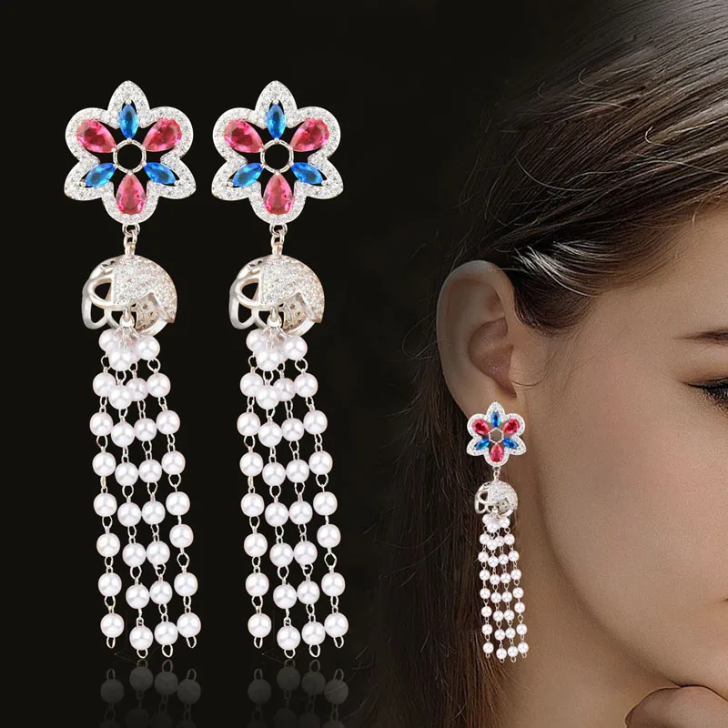 

SINLEERY AAA Grade Colourful Cubic Zirconia Earrings Charm Pearls Tassels Long Drop Earring Luxury Jewelry CZ058 SSH