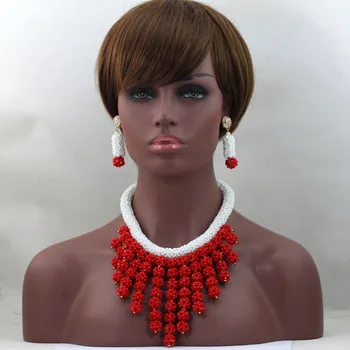

2016 Lovely Handmade Crystal Beads Necklace Nigerian Wedding Indian Bridal Jewelry Sets Red Balls Design Free Shipping ALJ760
