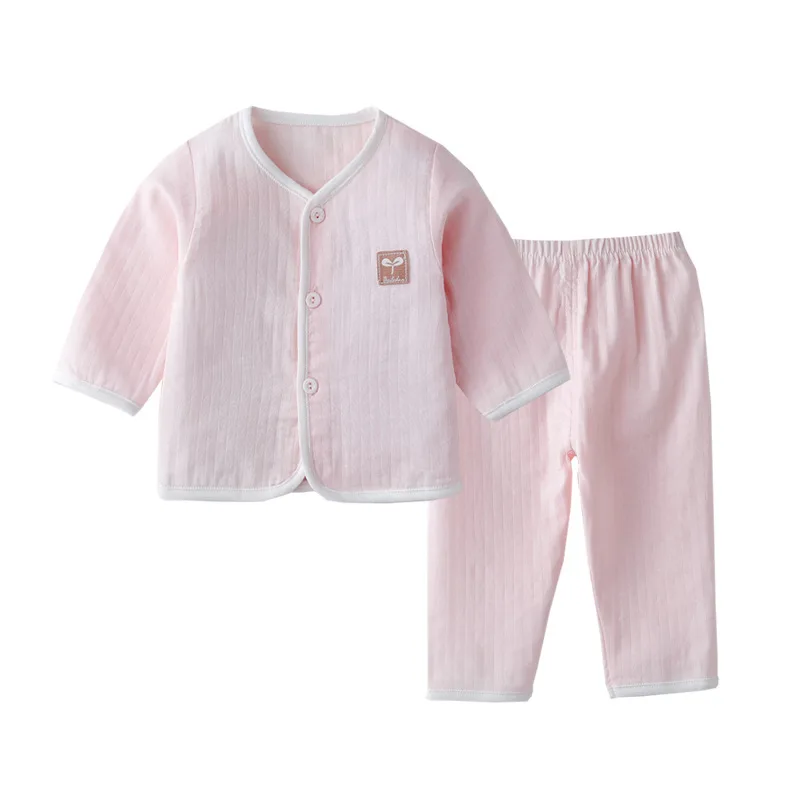 Новорожденная девочка муслин без рукавов с пуговицами и круглым вырезом, комплект одежды унисекс с длинными рукавами, летняя одежда для младенцев от 0 до 6 месяцев - Цвет: Розовый