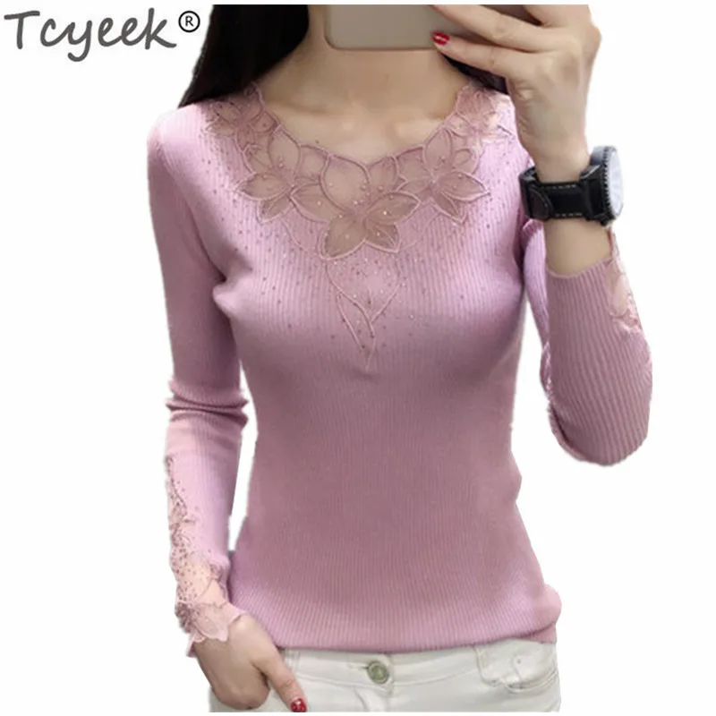 

Tcyeek Women's 2019 Fashion Newest Sweaters with Lace Floral Long Sleeve Pullovers Female Elegant Sweet Knitting Sweater LWL467
