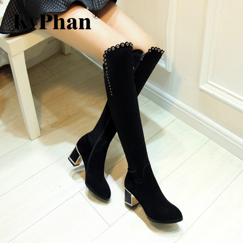 

KvPhan Kid Suede Plush Warm Winter Khaki Women Over-the-knee Shoes New Fashion Size 33-40 Black Square Heels Zipper Lady's Boots