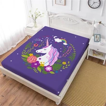 Dreamlike Unicorn Bed Sheet Colorful Cartoon Fotted Sheet Flowers Print Girls Sweet Bedclothes Purple Mattress Cover Home Decor