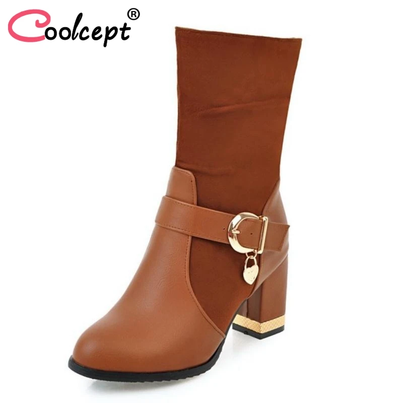 

Coolcept Office Lady High Heels Boots Buckle Patchwork Winter Shoes Women Warm Fur Mid Calf Boots Thick Heel Shoes Size 32-43