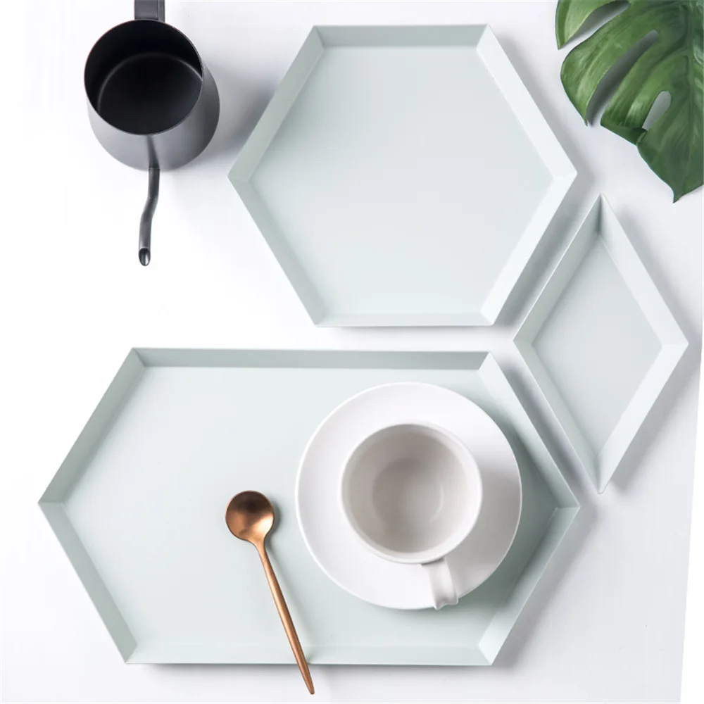 

Nordic Geometry Office Table Storage Plate Chic Scandinavian Colorful Metal Desk Fruit Jewery Storage Tray Cupcake Organizer