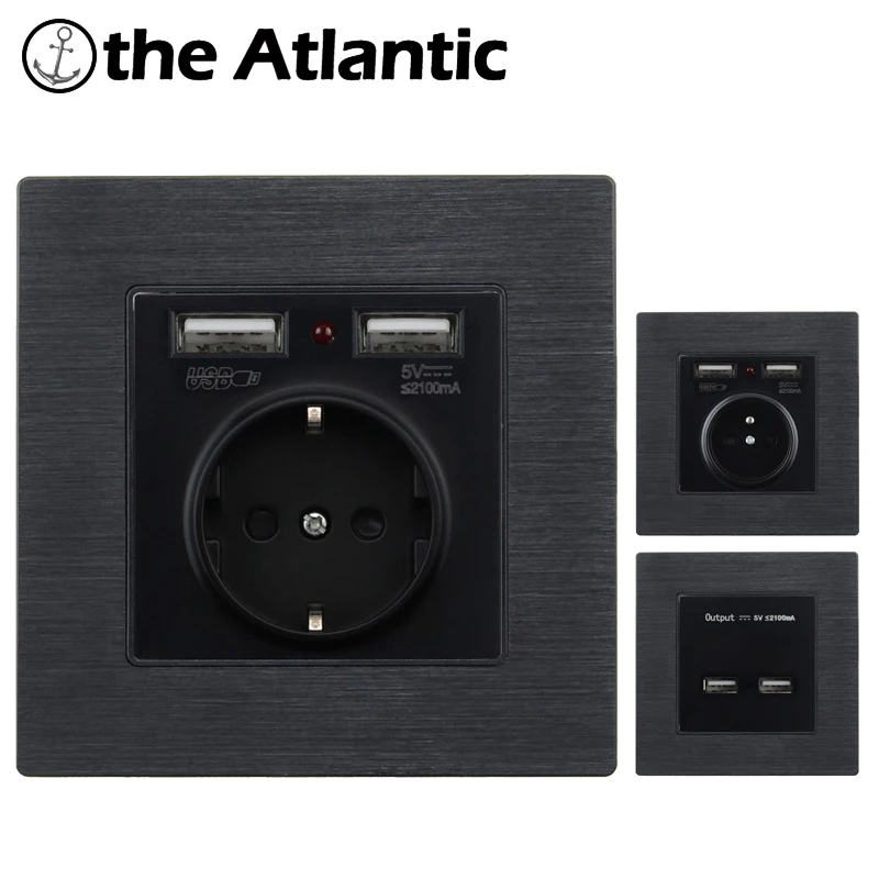 

Dual USB Outlet Port 5V 2.1A EU France Standard 16A Socket Power Outlet Wall Charger Adapter LED Indicator Aluminum Metal Panel