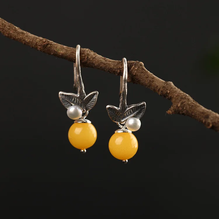 

Fashion Baltic Round Amber White Pearl 925 Sterling Silver Dangle Earrings