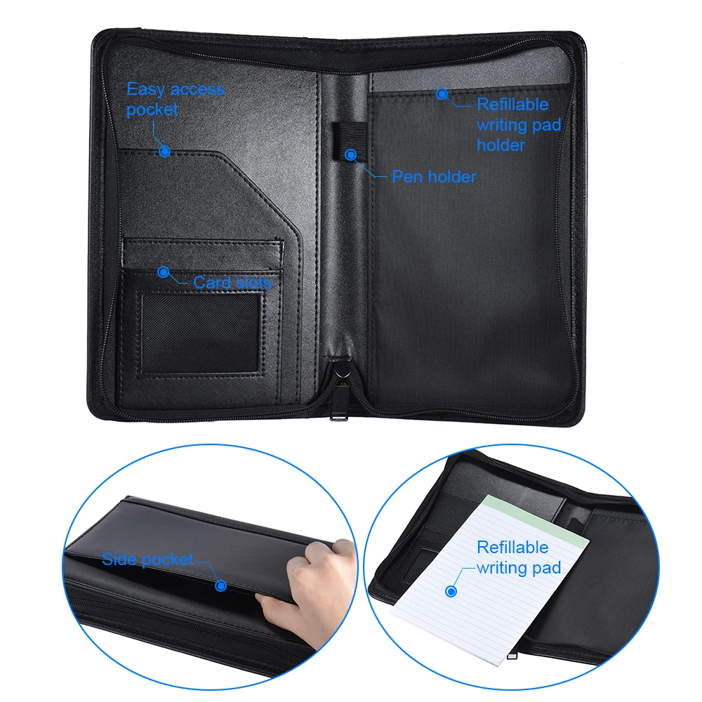 Portable business portfolio A5 PU leather folder with business card holder memo note pad