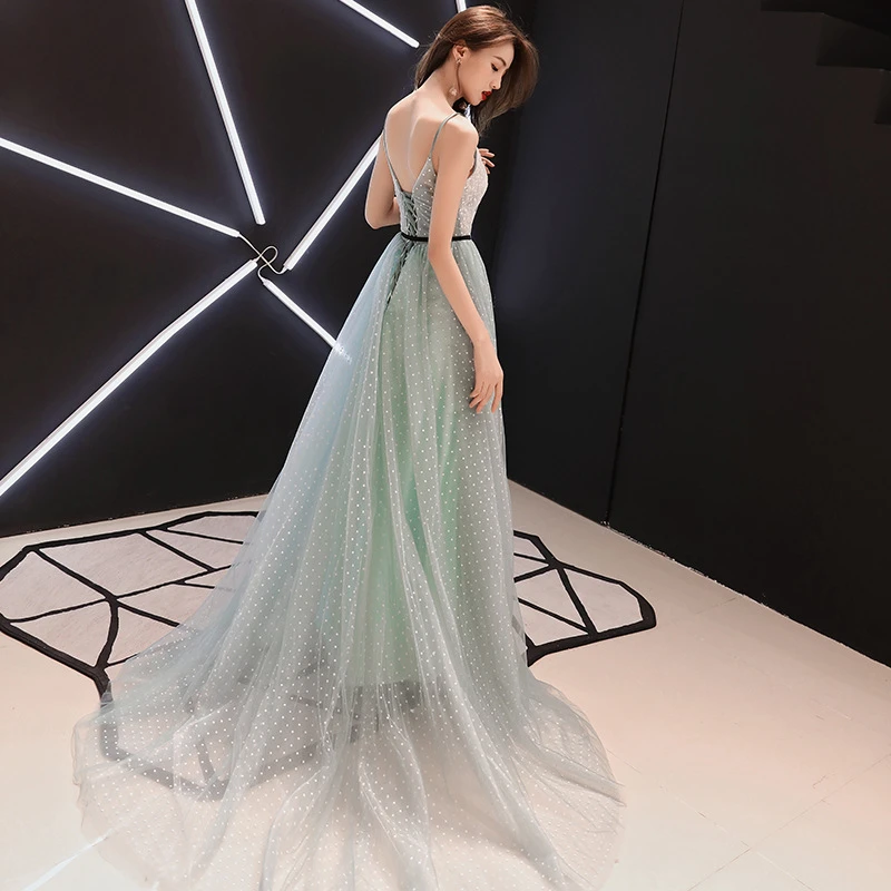 Discount Beauty Emily Evening Dress Sexy Spaghetti Strap Wedding Formal Dress Elegant Lace Sashes Floor-length A-line Party Gowns 3