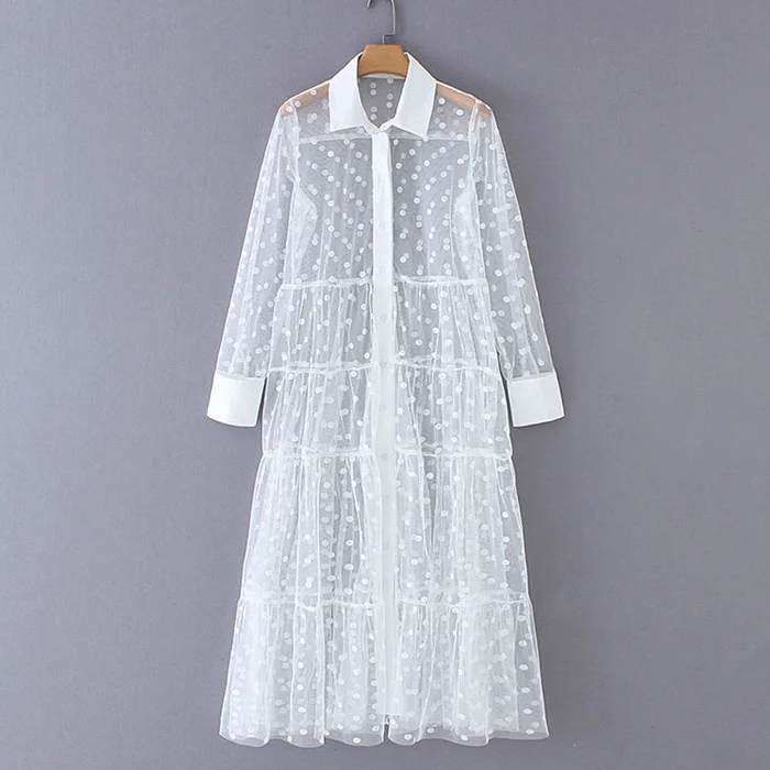 

Women Stylish Polka Dot Patchwork Transparent Midi Shirt Dress Long Sleeve Female Chic Sexy Mesh Dresses Vestidos