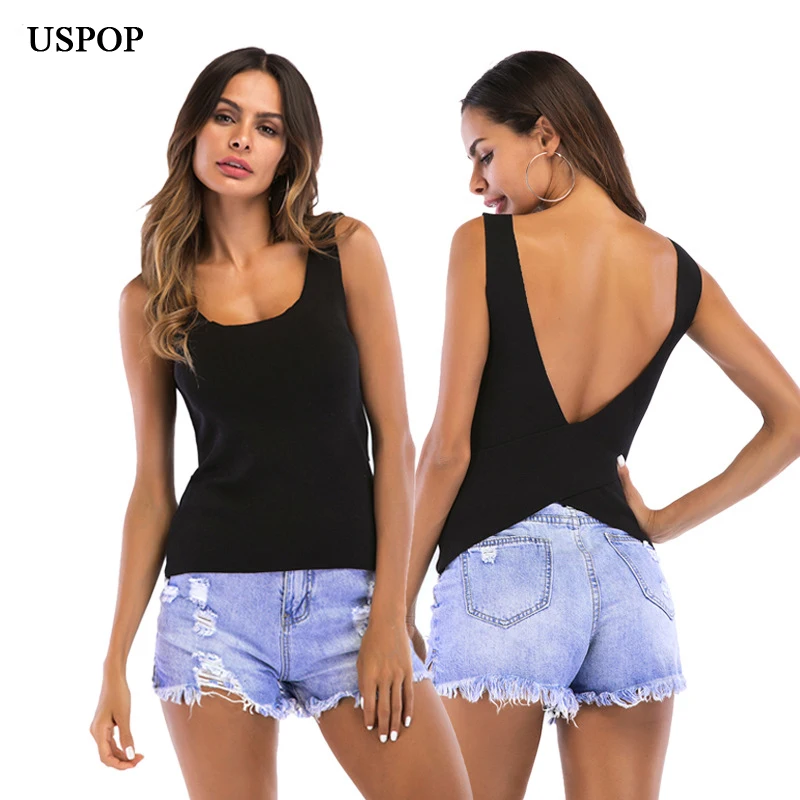 

USPOP 2019 New women summer knitted tops sexy backless tank tops female knitting camis sleeveless tops