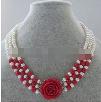 

FREE SHIPPING>>>17" 7-8mm natural white freshwater pearl + red coral necklace