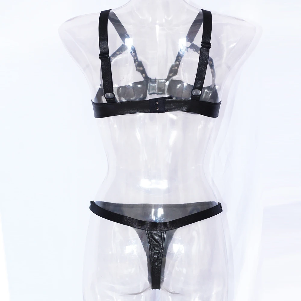Lingerie Bra Set Sex Babydoll Exotic Apparel Black Leahter Open Bra G String Gloves Underwear Christmas Sexy Lingerie Set (4)