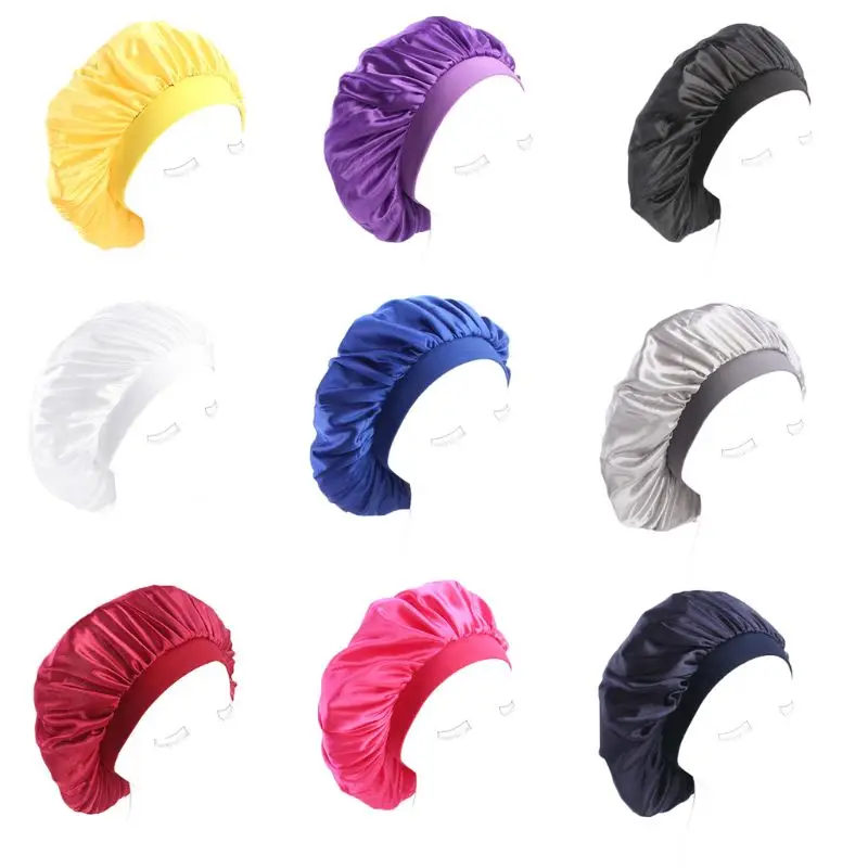 

Womens Faux Silk Bonnet Cap Wide Elastic Band Solid Night Sleep Hat Wrap Pleated