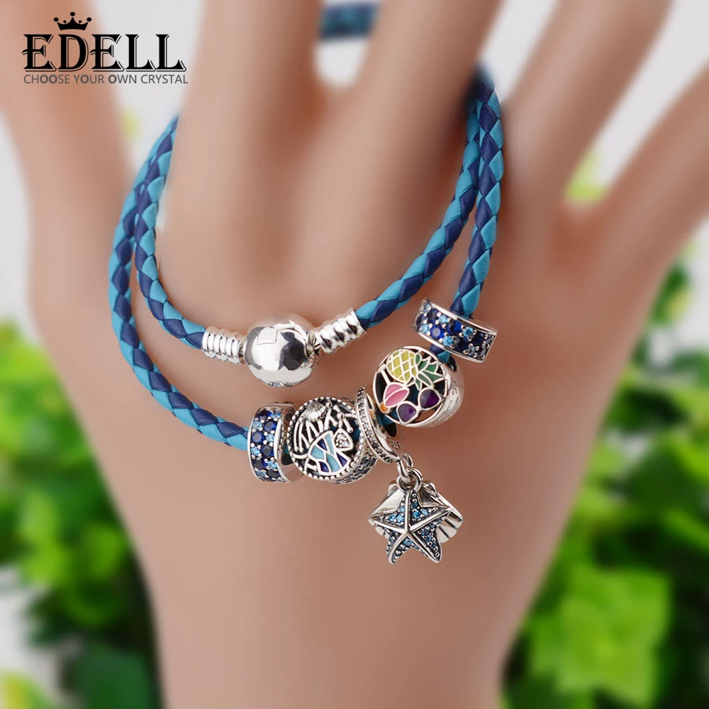 

EDELL New Fashion 925 Sterling Silver & Adjustable Genuine Leather Chain Beads Charm Fit Pan Bracelet For Women Original Jewelry