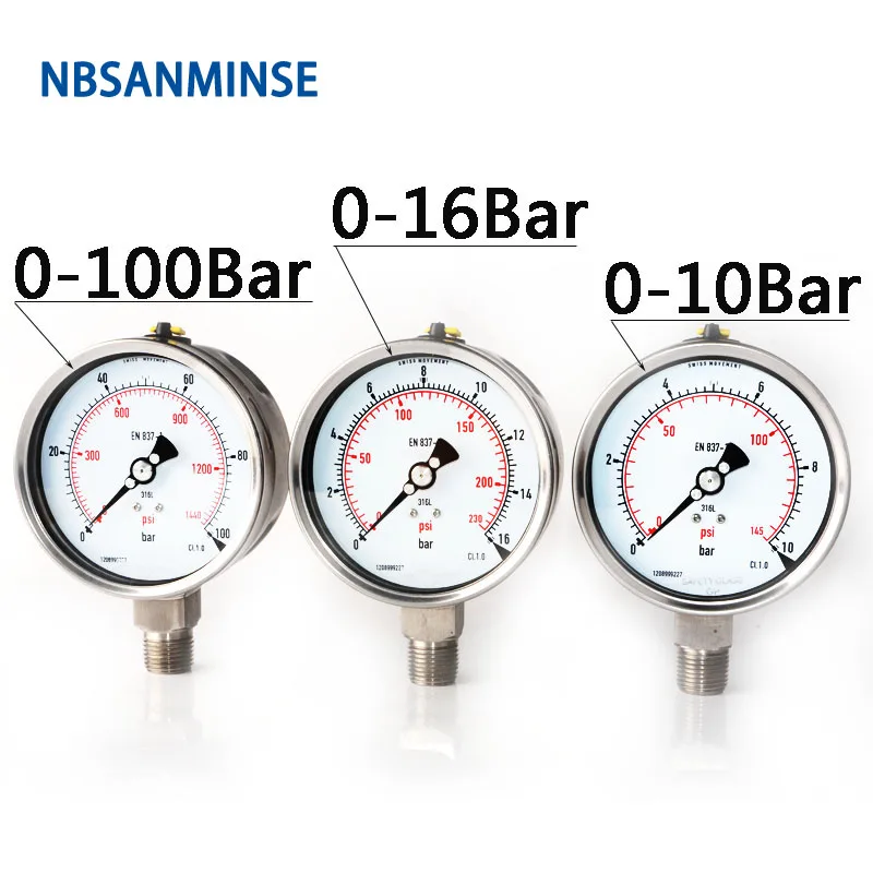 NBSANMINSE манометр из нержавеющей стали SMSS100L 100 мм 4 дюйма 1/2 NPT аналоговый Дисплей манометр для масла для гидравлической системы