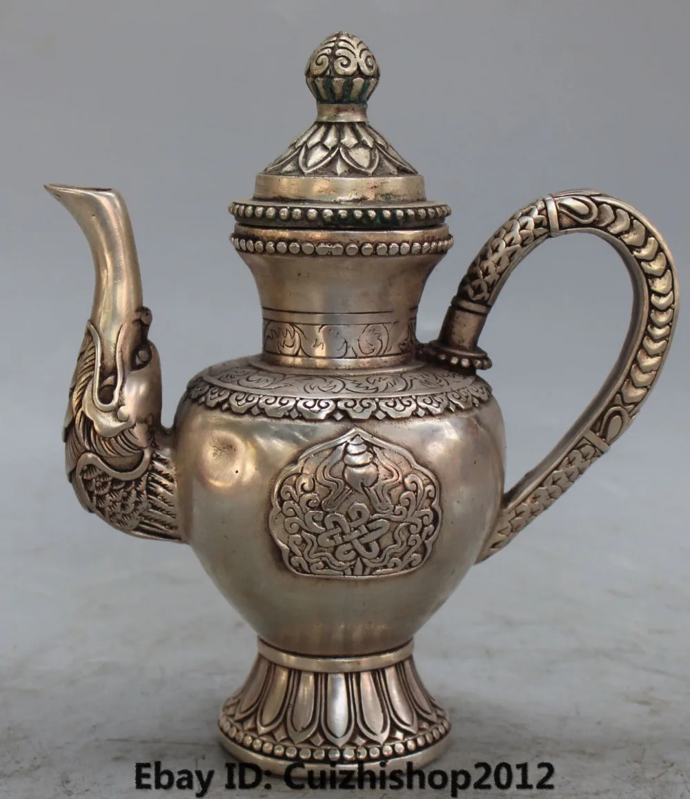 

7" Marked Chinese Feng Shui Silver Dragon Flagon Wine Tea Pot Winepot Statue Medicine copper Decoration real Brass
