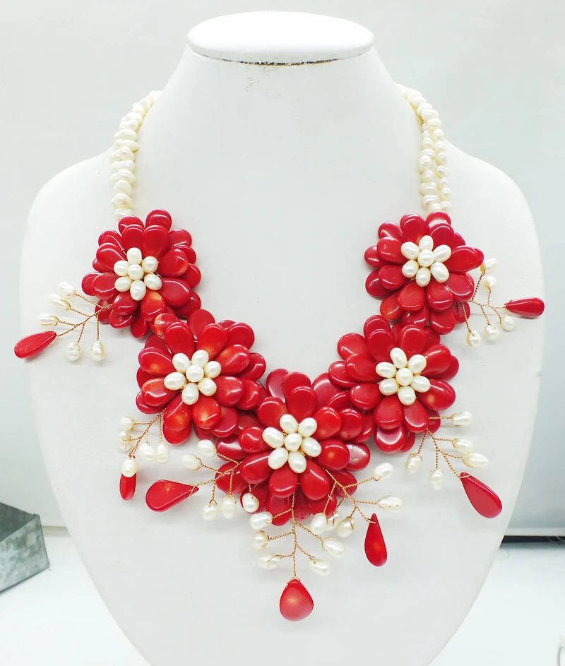 

Free shipping, top fashion, red coral. pearl flowers Necklace (only one necklace)