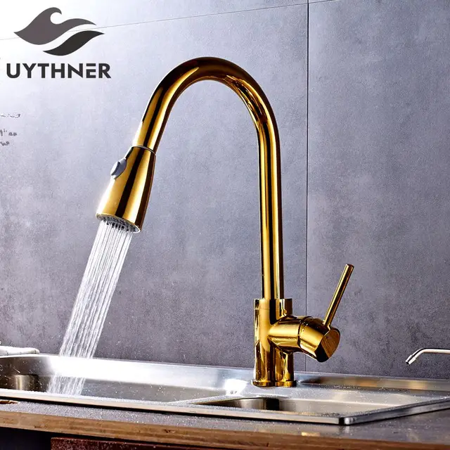 Special Price  Uythner Factory Direct Sale Luxury Pull Out Kitchen Faucet Mixer Tap with Gravity Ball Gold Finish