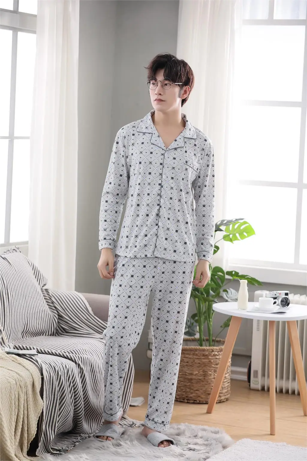 Для мужчин пижамы наборы с длинным рукавом Повседневное спортивный костюм ночную рубашку + брюки 2 шт. Пижама мужской плюс Размеры L-3XL Pijamas