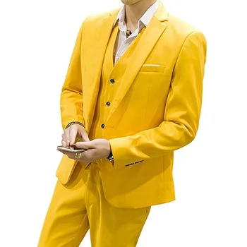 

Yellow Slim Fit Men Suits for Wedding Groomsmen Tuxedos 3 Piece Male Set Jacket Pants Vest Notched Lapel Clothes