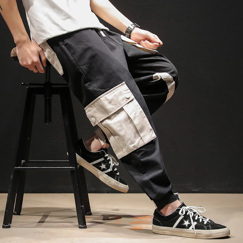 2019 Cargo Pants Mens Casual Joggers Baggy RIbbon Tactical Trousers Harajuku Harem Streetwear Hip Hop Pants Multi Pockets Loose