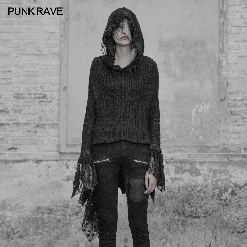 Punk Rave Gothic Fashion Kear Women Lace Sweater Shirt Steampunk Hooded Street Pullovers