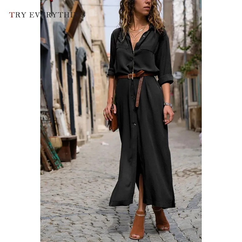 

Black Loose Casual Dress Women Summer 2019 Long Sleeve V Neck Maxi Beach Dress Plus Size Shirt Cotton Long Dress Ladies 3XL