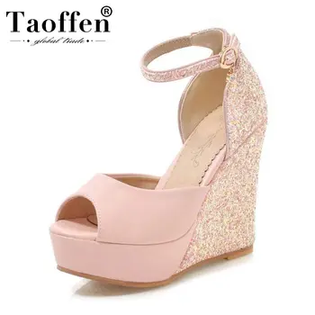 

TAOFFEN Super High Heel Bling Wedges Ladies Sandals Platform Buckle Peep Toe Wedding Party Summer Shoes Women Size 34-43