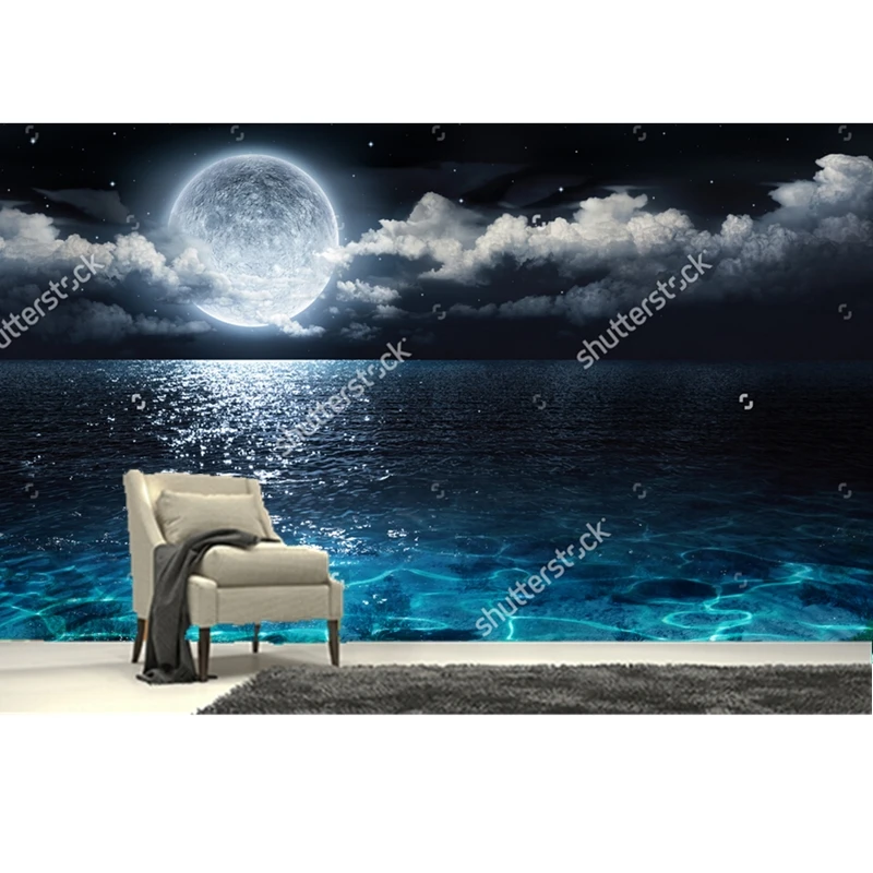 Custom Natural Textile Wallcoverings Romantic Scenery Full Moon At Sea To Night 3d Fantasy For Living Room Bedroom Wall Moon Sea Moon Nightmoon 3d Aliexpress