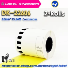 2 рулона для заправки совместимых DK-22606 этикеток Желтая пленка с покрытием 62 мм* 15,24 м Непрерывная Совместимость для принтера этикеток Brother DK-2606