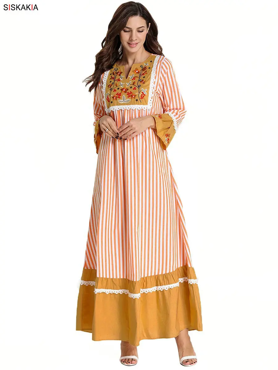 Siskakia/этническое длинное платье в полоску с вышивкой, повседневные платья макси с цветными блоками, платья с длинным рукавом размера плюс, женская одежда оранжевого цвета