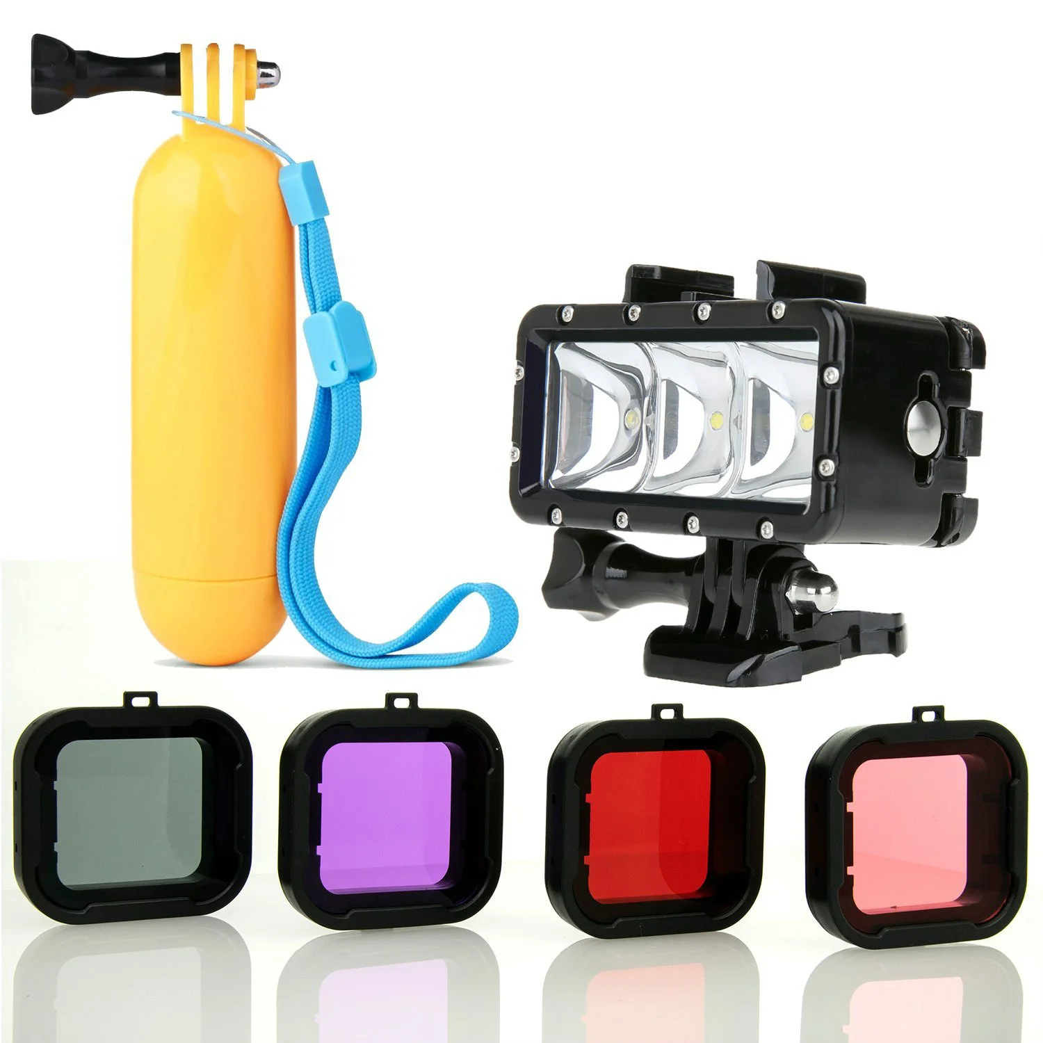 Floating Hand Grip + Waterproof LED Flash Light + Scuba 4PC Filter For GoPro HERO4, HERO3+, Black, Silver and Action Cameras