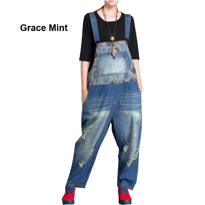Female Overalls PLUS SIZE Vintage Striped Flower Casual Loose Jeans