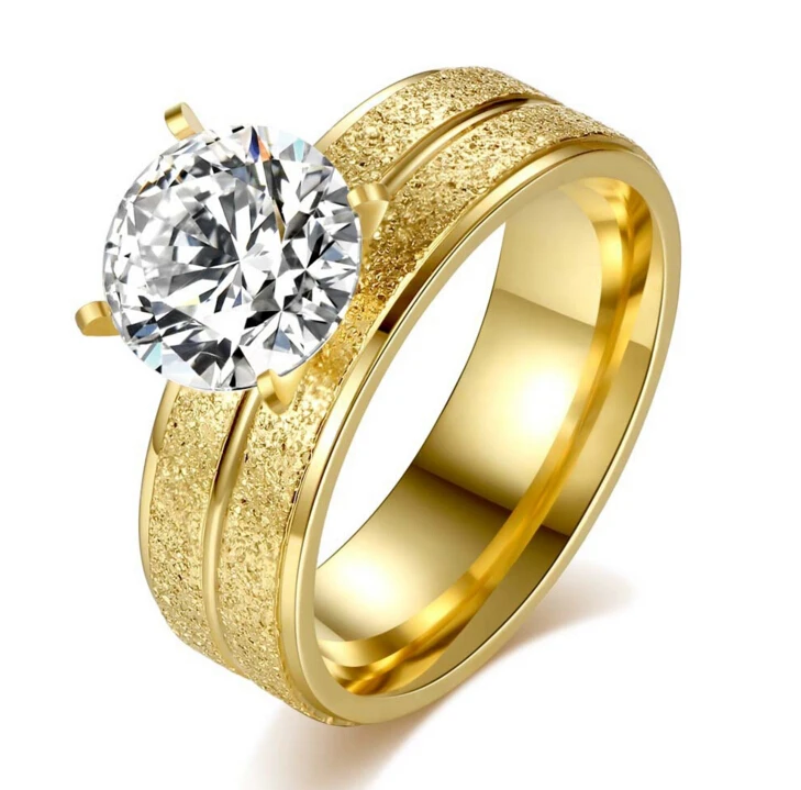 

Anenjery Wedding Rings Stainless Steel Four Claw Round Shinny Zircon Crystal Titanium Steel Gold Color anel For Women T-R45