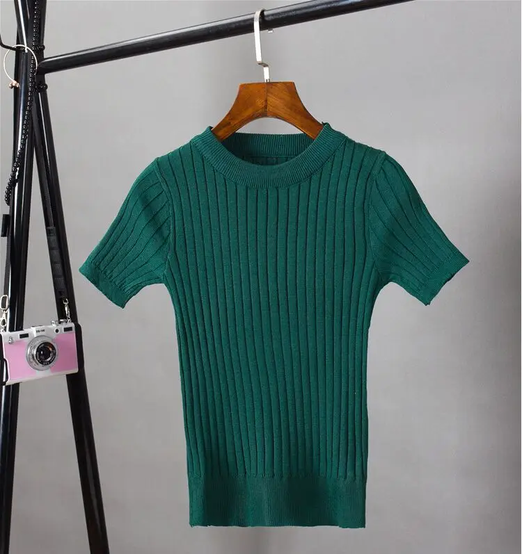 Женские трикотажные тонкие футболки с круглым вырезом и коротким рукавом для девочек, трикотажный эластичный свитер, пуловеры, футболки, топы для женщин - Цвет: green