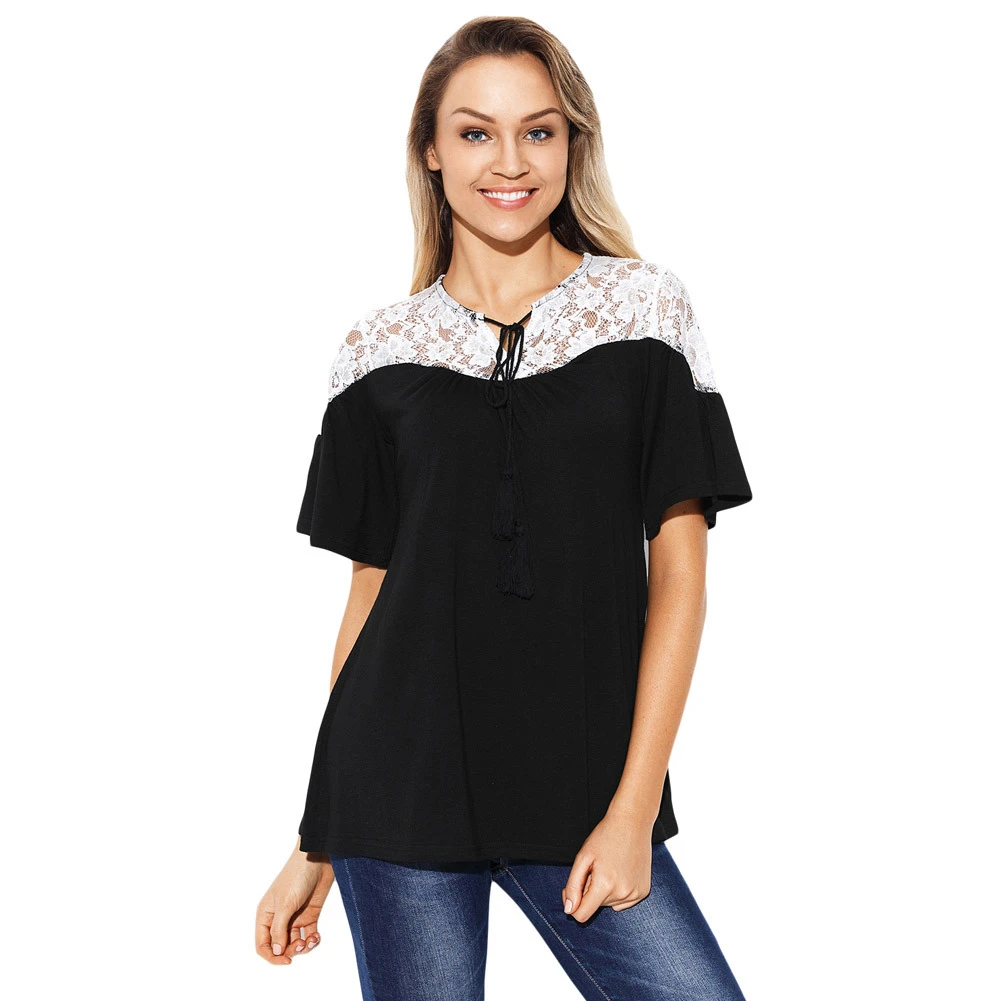 Camiseta Casual De Retazos Para Mujer Manga Corta Con Cuello Camiseta Casual De Retazos Para Mujer Manga Corta Con Cuello