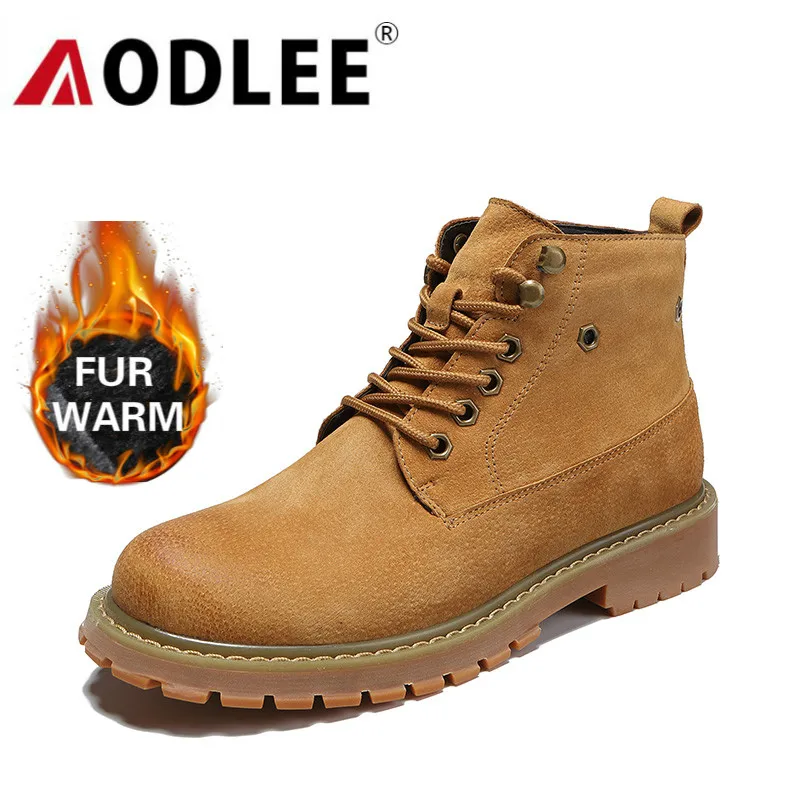 AODLEE/зимние ботинки мужские теплые ботинки на меху; большие размеры 45; модные мужские зимние ботинки в байкерском стиле «Челси»; мужская повседневная обувь botas hombre - Цвет: brown  fur