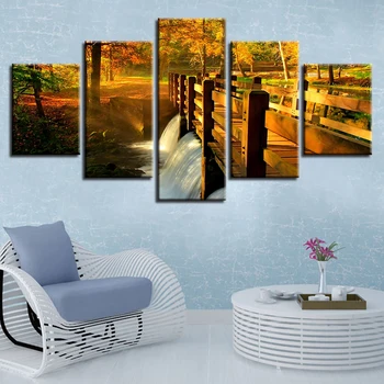

Framework Artworks Prints 5 Pieces Waterfall Forest Bridge Scenery Picture Decor Room Wall Art HD Modular Canvas Painting Poster