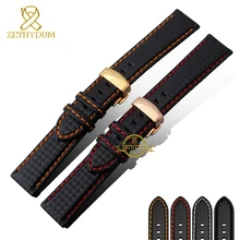 Браслет из натуральной кожи, ремешок для часов из углеродного волокна, Красная строчка, 18 мм, 20 мм, 22 мм, ремешок для часов, аксессуары, пряжка-бабочка