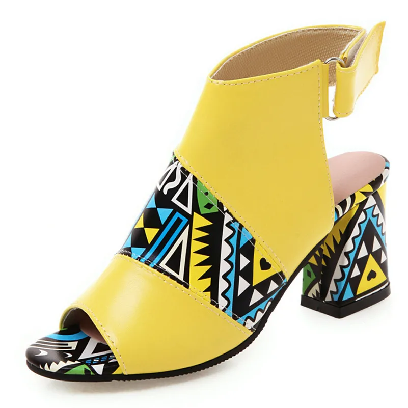 FEDONAS/классические женские ботильоны с открытым носком на высоком каблуке с модным принтом из искусственной кожи; коллекция года; Летние босоножки; дышащая женская офисная обувь - Цвет: Цвет: желтый