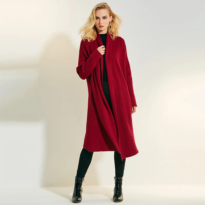Causal knitting long knitted sweater cardigan woman 2018 autumn slim red knitting long sleeve cashmere green lapel open stitch Sweaters