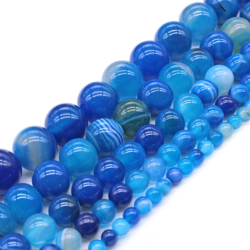 Natural Stone Beads Blue Stripe agat Onyx Round Loose Beads 4 6 8 10 12 14mm Fit Diy Space Beads Jewelry Making