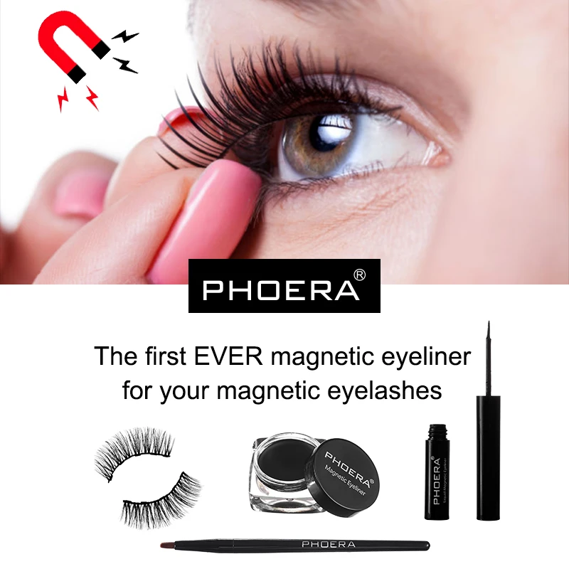 PHOERA Magnetic Eyeliner Eyelashes Kit 3D Magnet False Eyelash Reusable& Liquid Eyeliner& Brush Set Waterproof Lasting Makeup