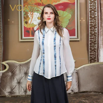 

VOA Heavy Silk Blouse Georgette Office Shirt Plus Size 5XL White Women Tops Casual Stripe Print Basic Long Sleeve Spring B330
