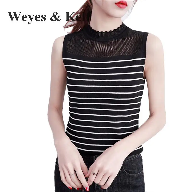Weyes& кепф простые черные и белые полосатые кружевные летние топы на бретелях для женщин воротник-стойка Флим кружевные женские летние топы
