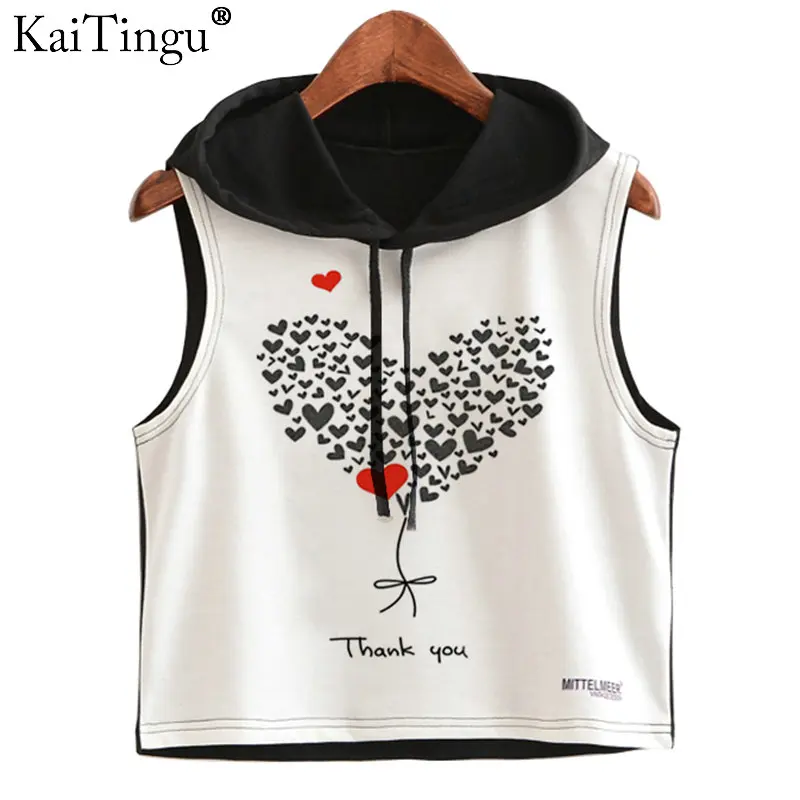 

KaiTingu 2017 Summer Women Hoodied Crop Top Heart Love Print Casual Sleeveless Short Cropped Tops Hip Hop Style Vest Tank Tops