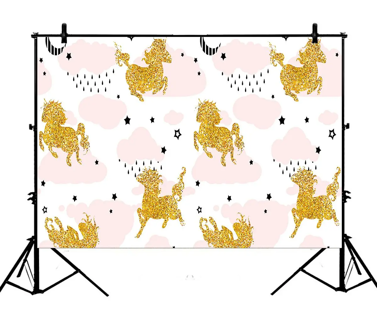

5x7ft Gold Unicorn White Sky Pink Clouds Stars Birthday Polyester Photo Background Portrait Backdrop